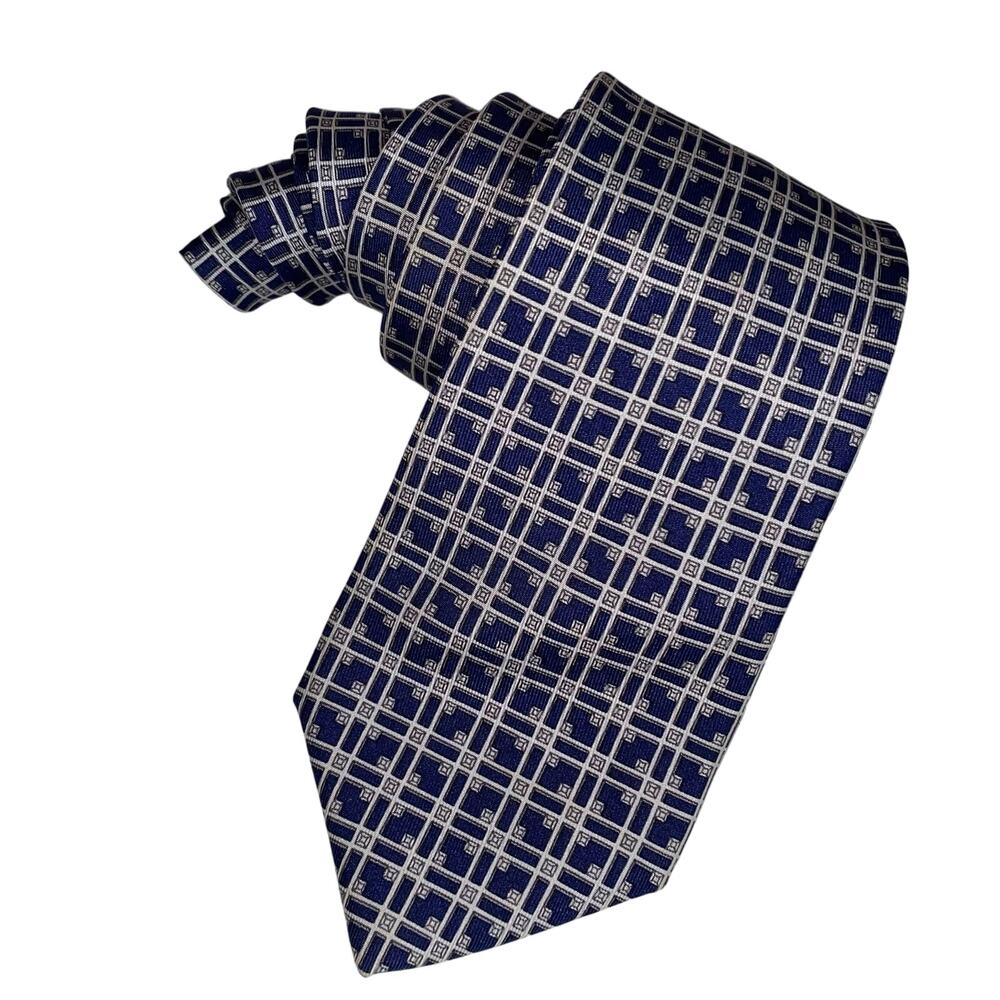 HERMES Tie Neiman-Marcus 942 IA Blue Silver Geometric Pattern Silk Necktie